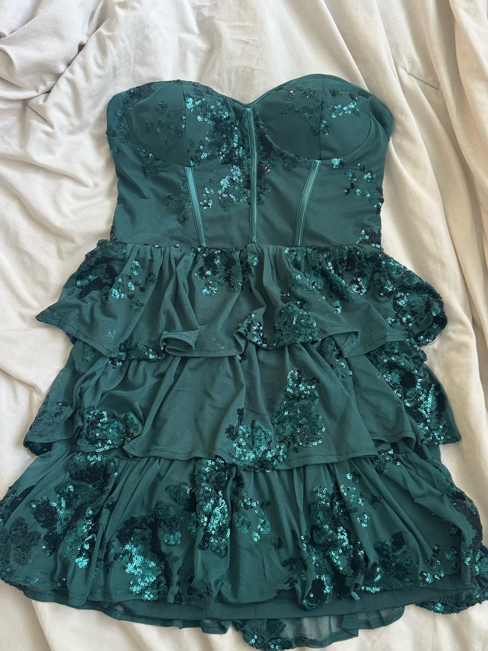 Emerald Mesh Sequin Bustier Tiered Mini Dress